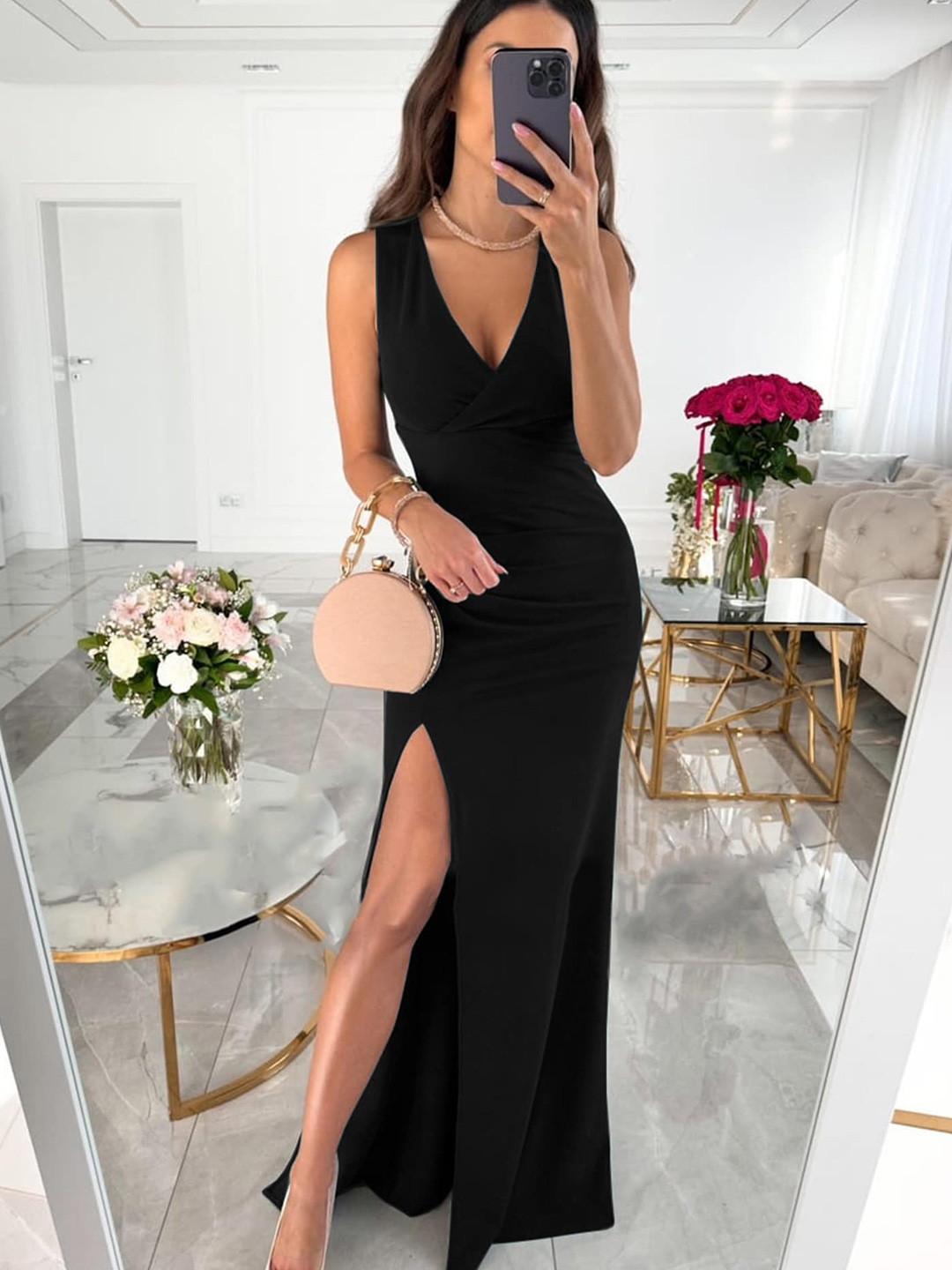 LULU & SKY V-Neck Slit Bodycon Maxi Dress