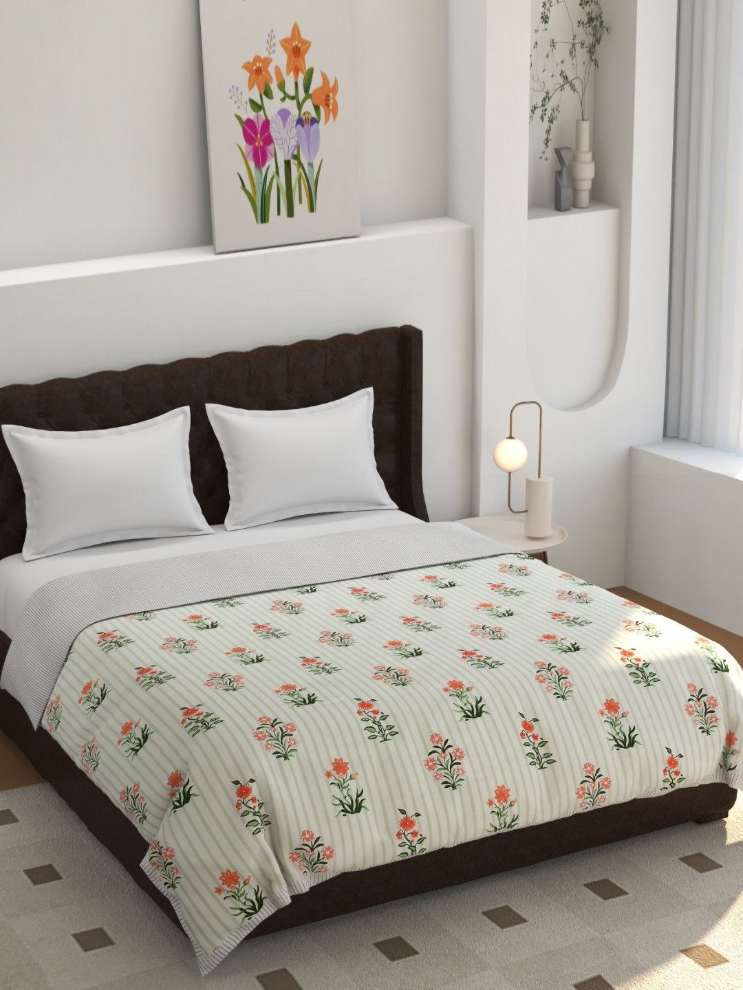Florida Flyn White & Sea Green Floral Printed Reversible Summer 150 GSM Double Bed Dohar