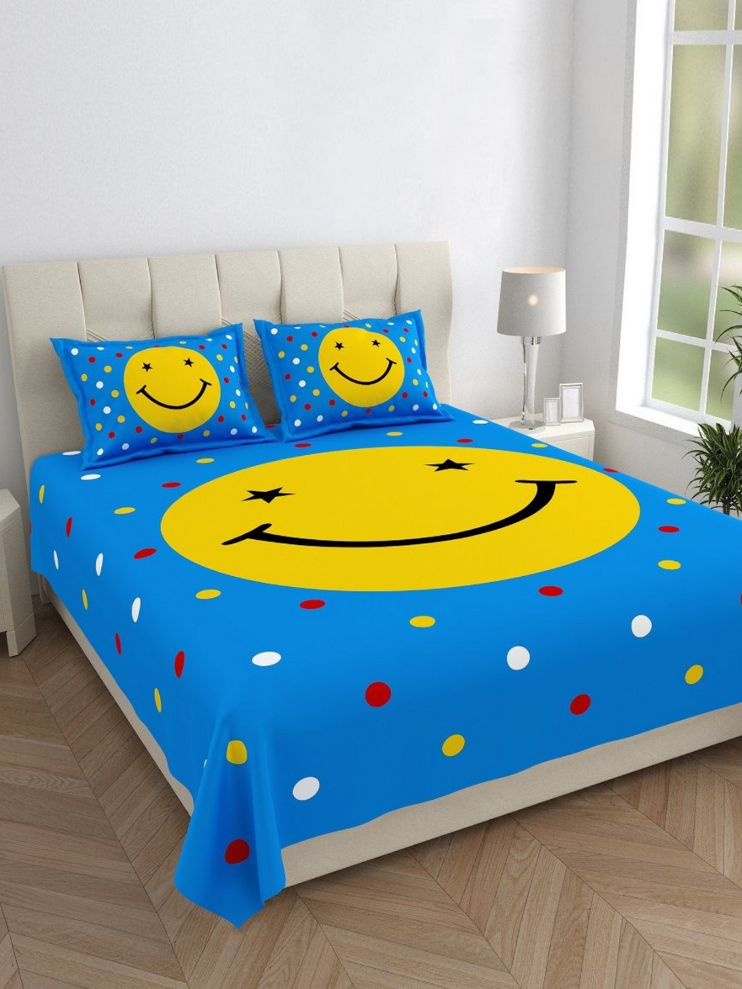 Monik Handicrafts Blue Conversational Cotton Dotted 144 TC King Bedsheet with 2 Pillow Covers-87 x 93 inches