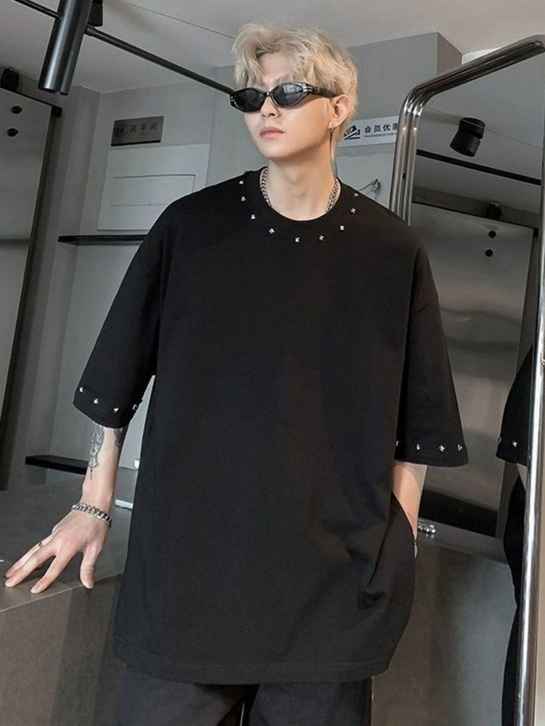 KPOP Men Solid Round Neck Three-Quarter Sleeves Oversized Longline T-shirt