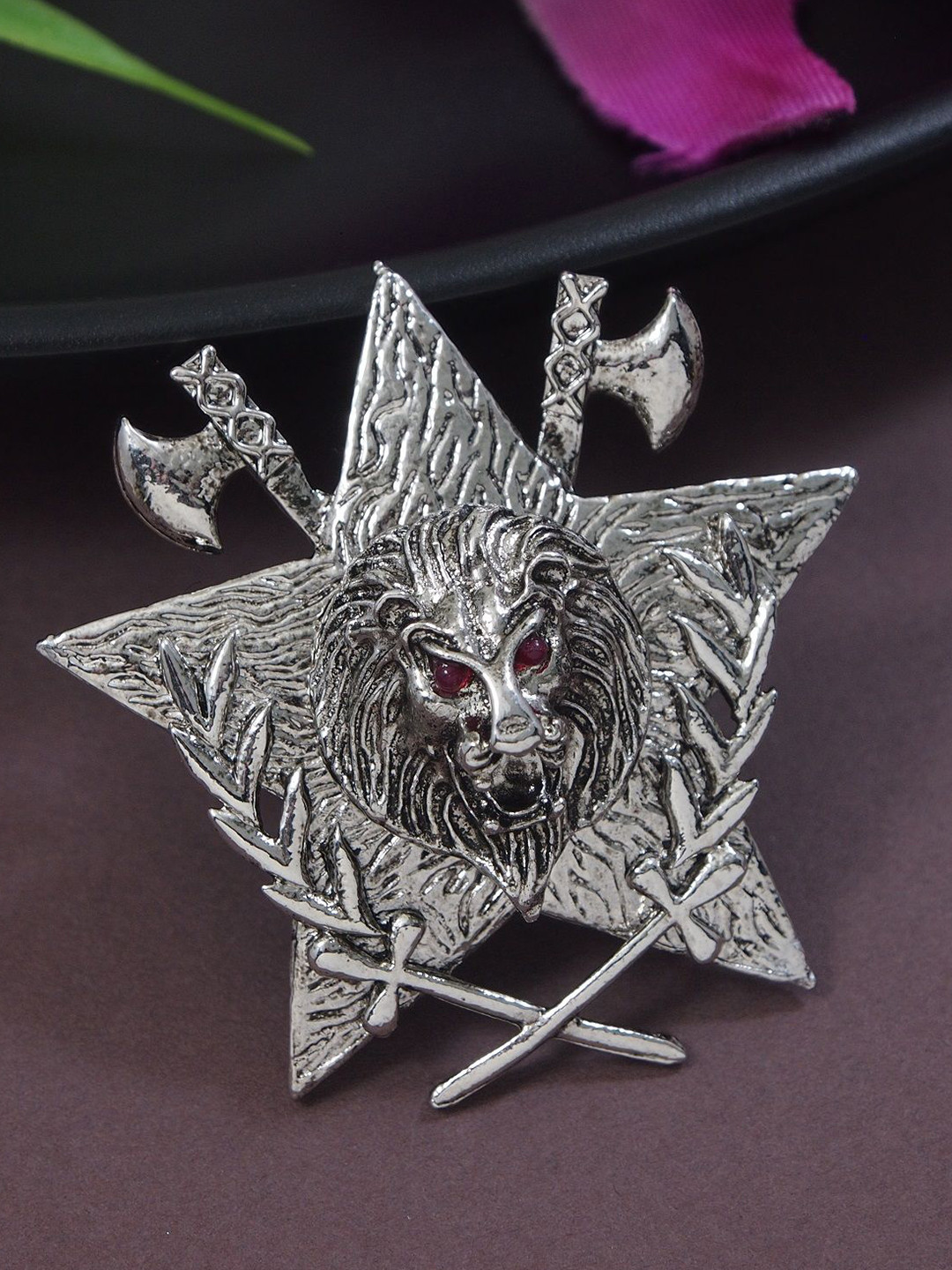 ADORN Men Silver-Toned Magestic Roar Lion Face  Brooch