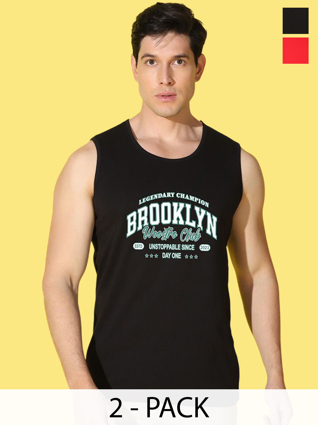 WOOSTRO 2-Pc Printed Odour-Free Cotton Innerwear Vests VWS26(MORE RED)(BKLN BLACK)