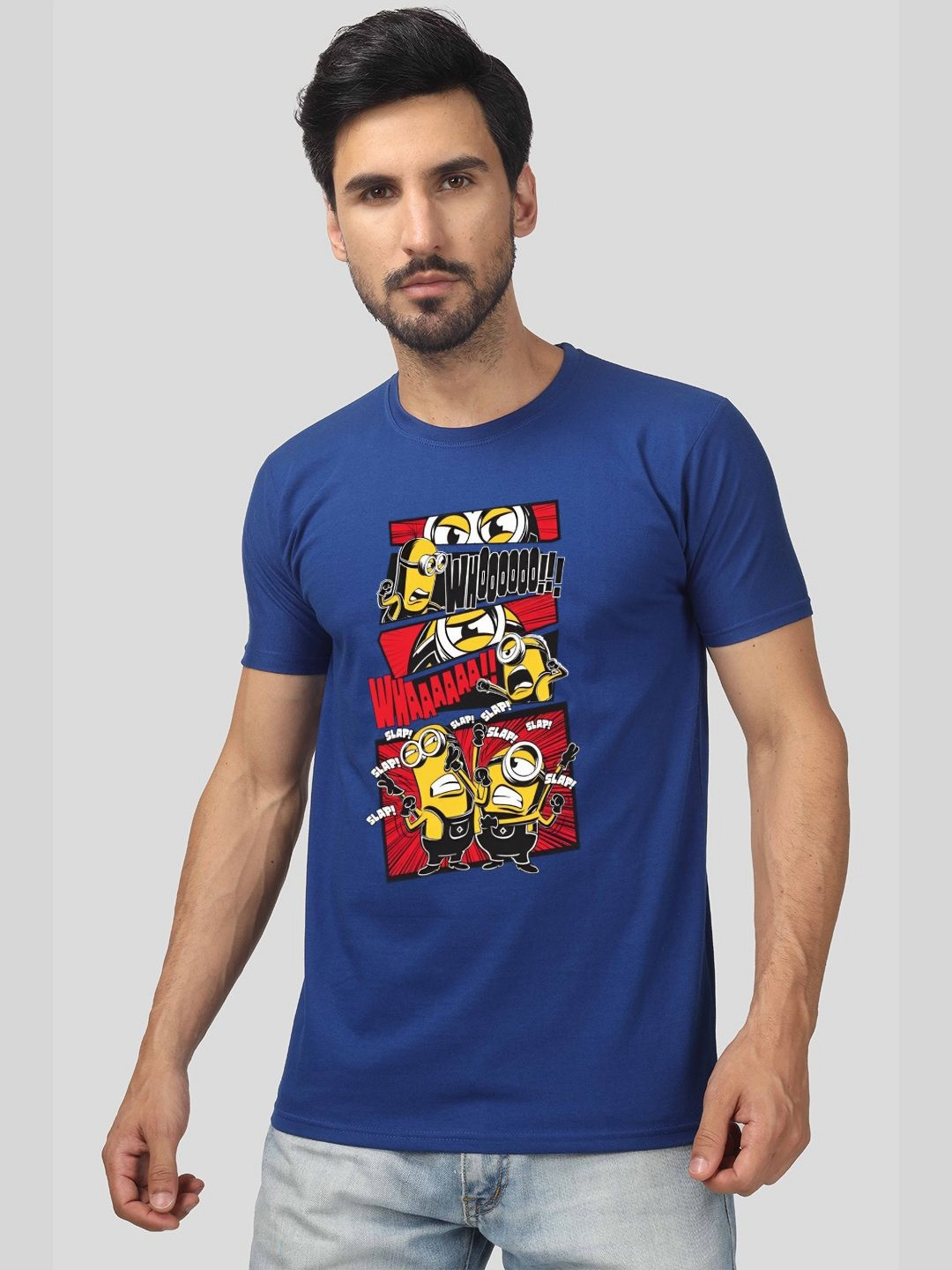 Greylongg Men Minions Typography Printed Round Neck T-shirt