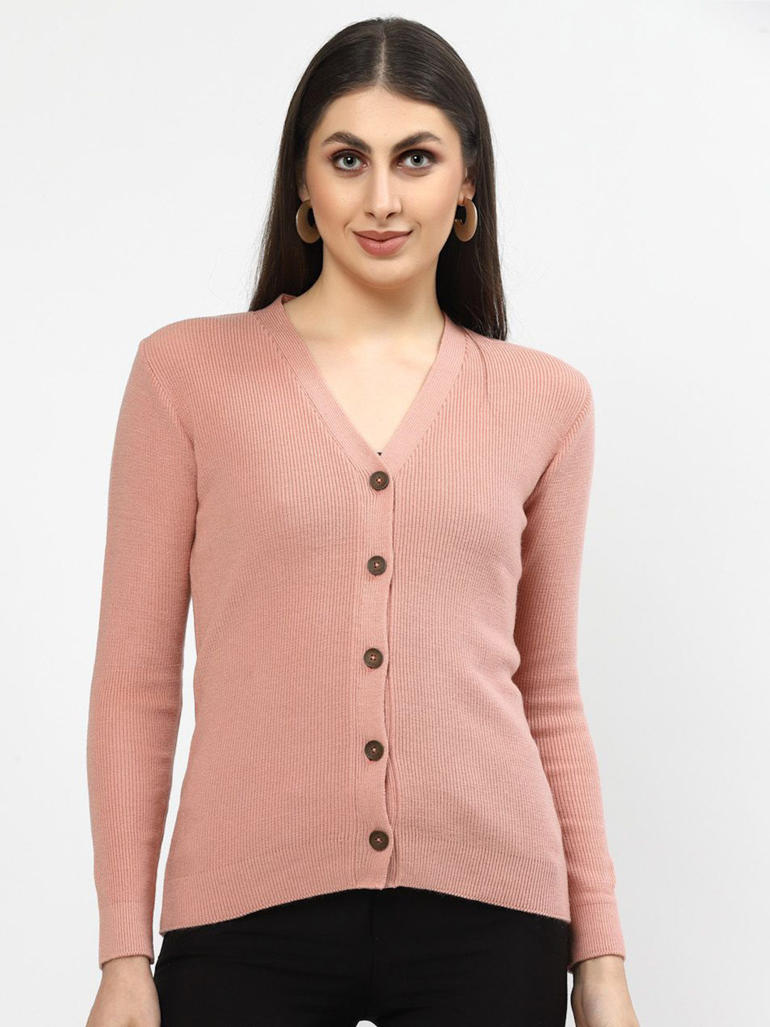Kalt Women Full Sleeves V-Neck Acrylic Cardigan