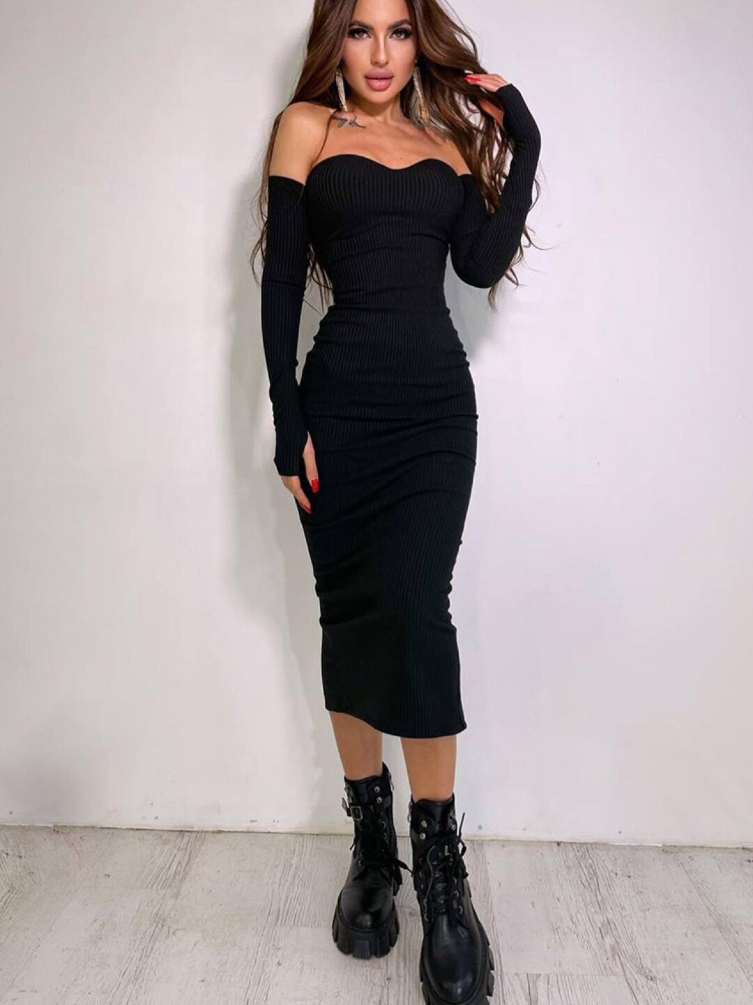 StyleCast Black Striped Strapless Bodycon Midi Dress
