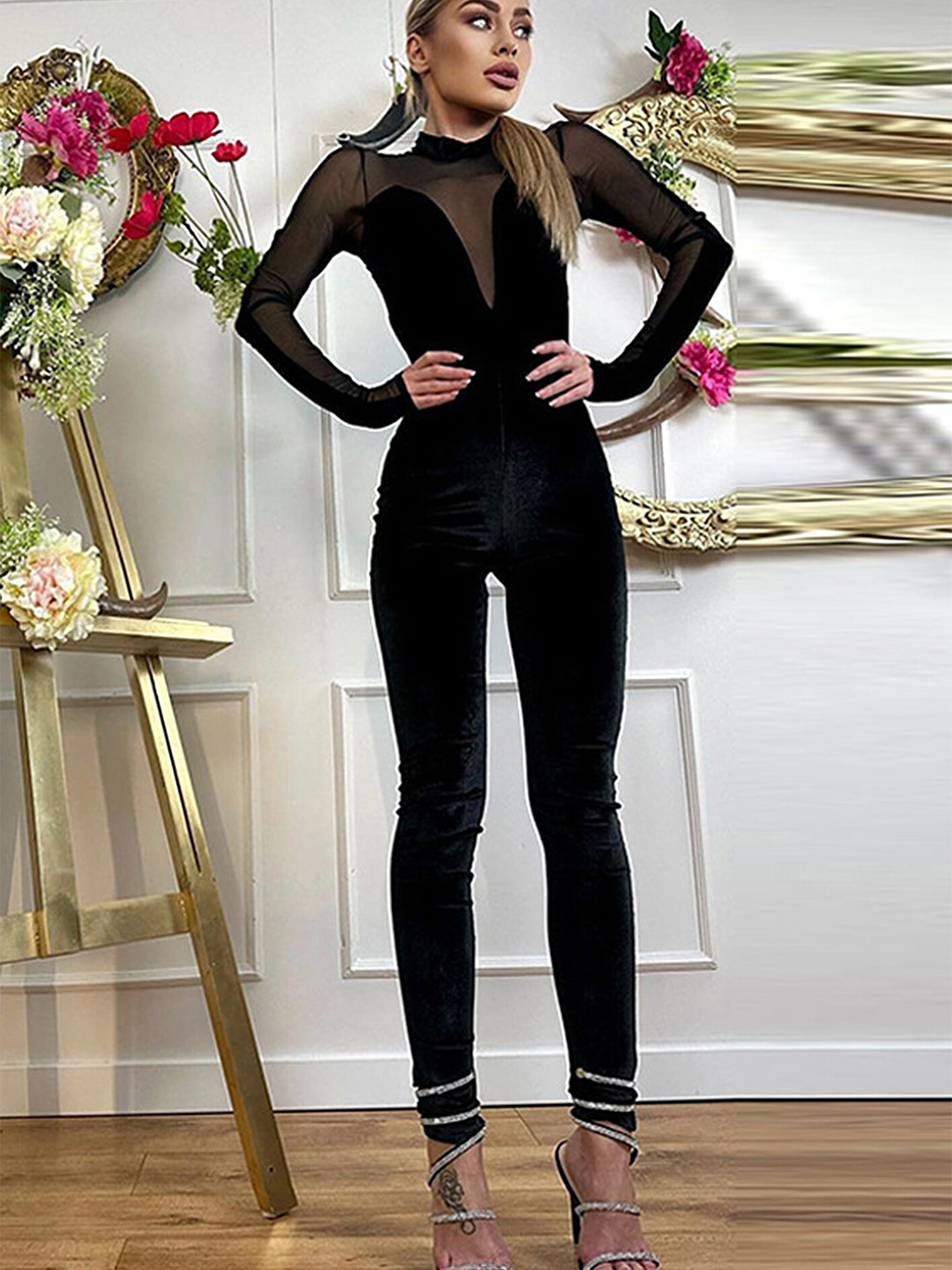 LULU & SKY Turtleneck Mesh Splicing Jumpsuit