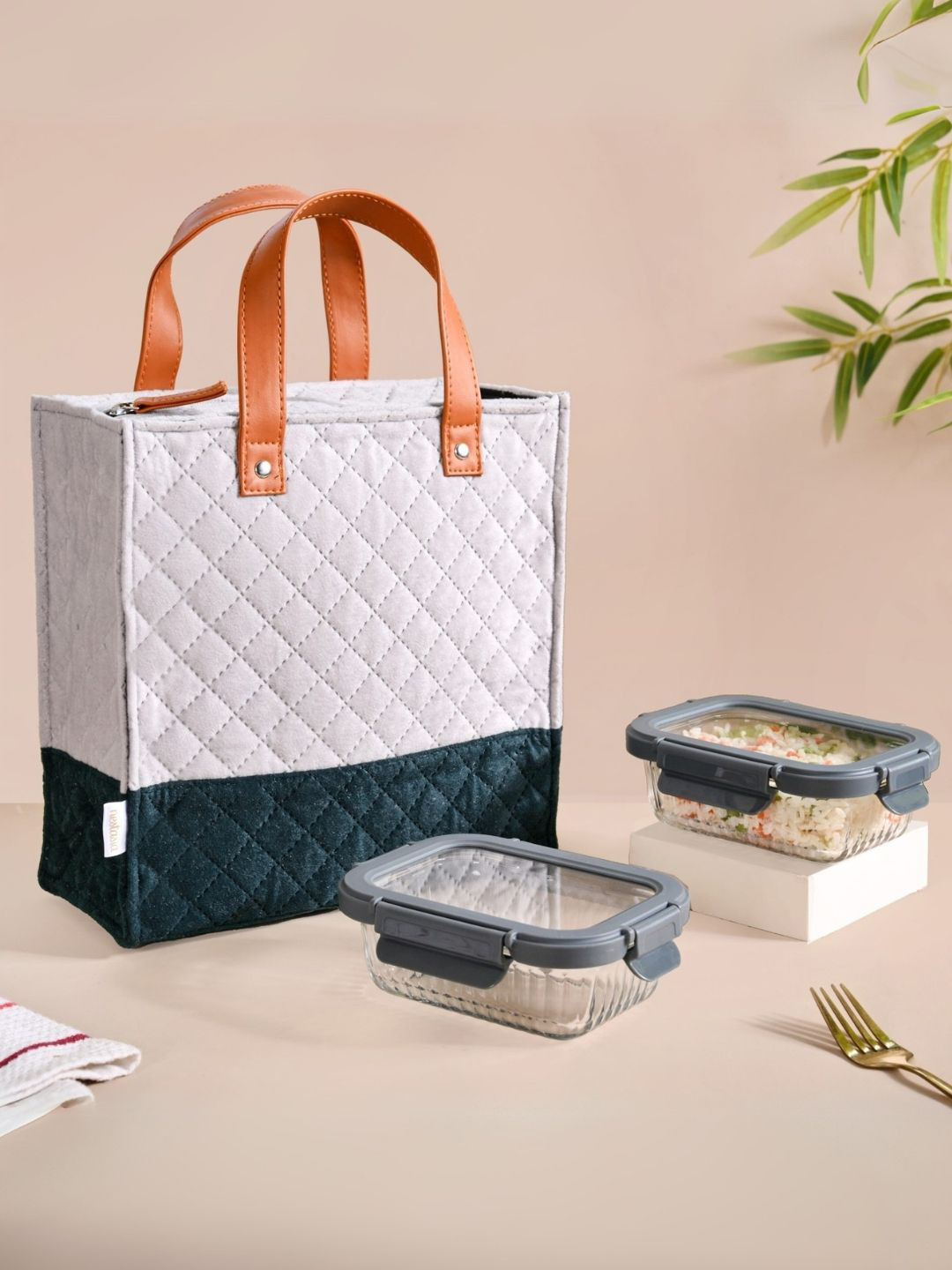 Nestasia Meal On The Go Transparent & Green 3 Pieces Glass Lunch Box With Lunch Bag