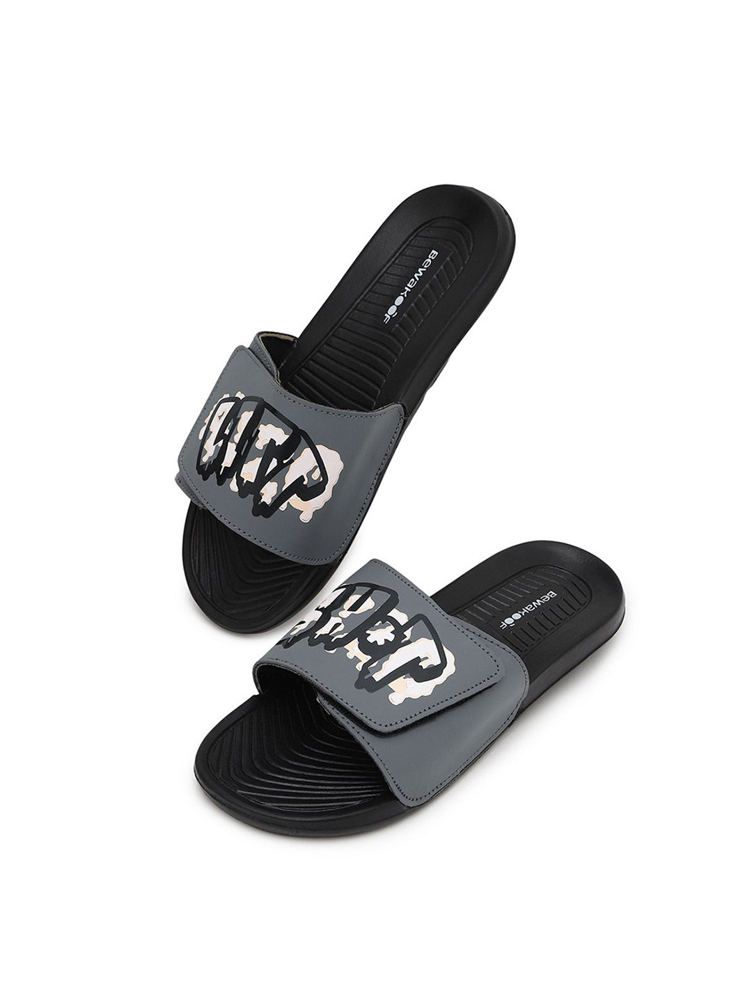 Bewakoof Men's Black Litt Shit Printed Velcro Sliders