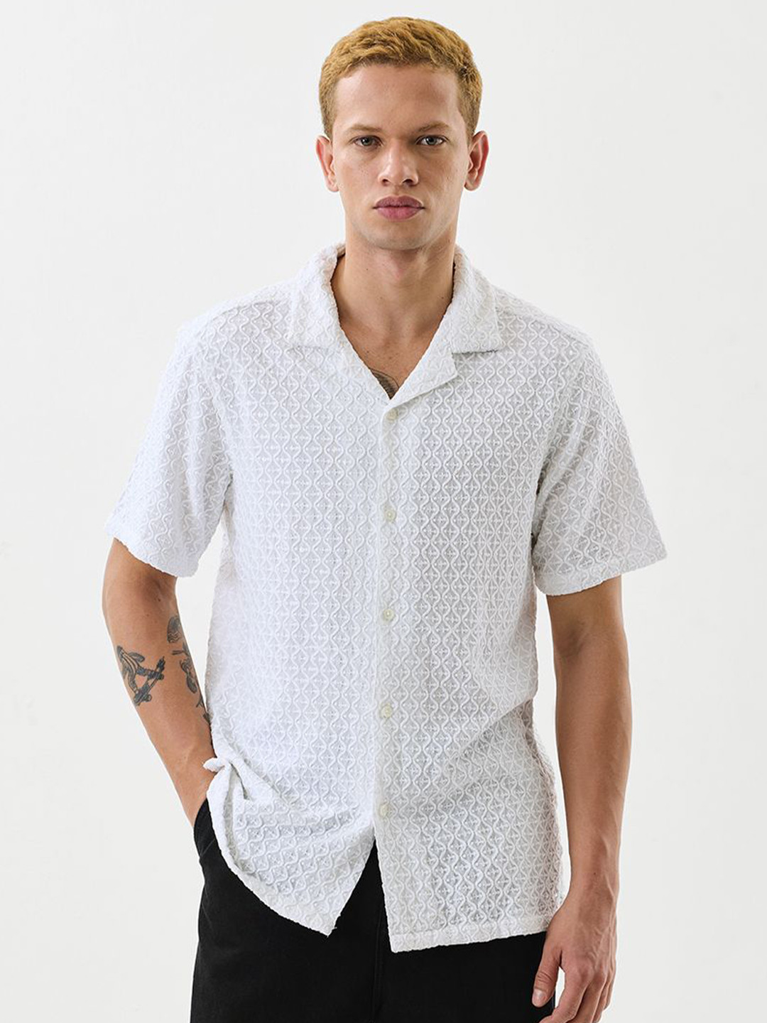 Snitch Textured Viscose Rayon Short Sleeves Boxy Fit Shirt