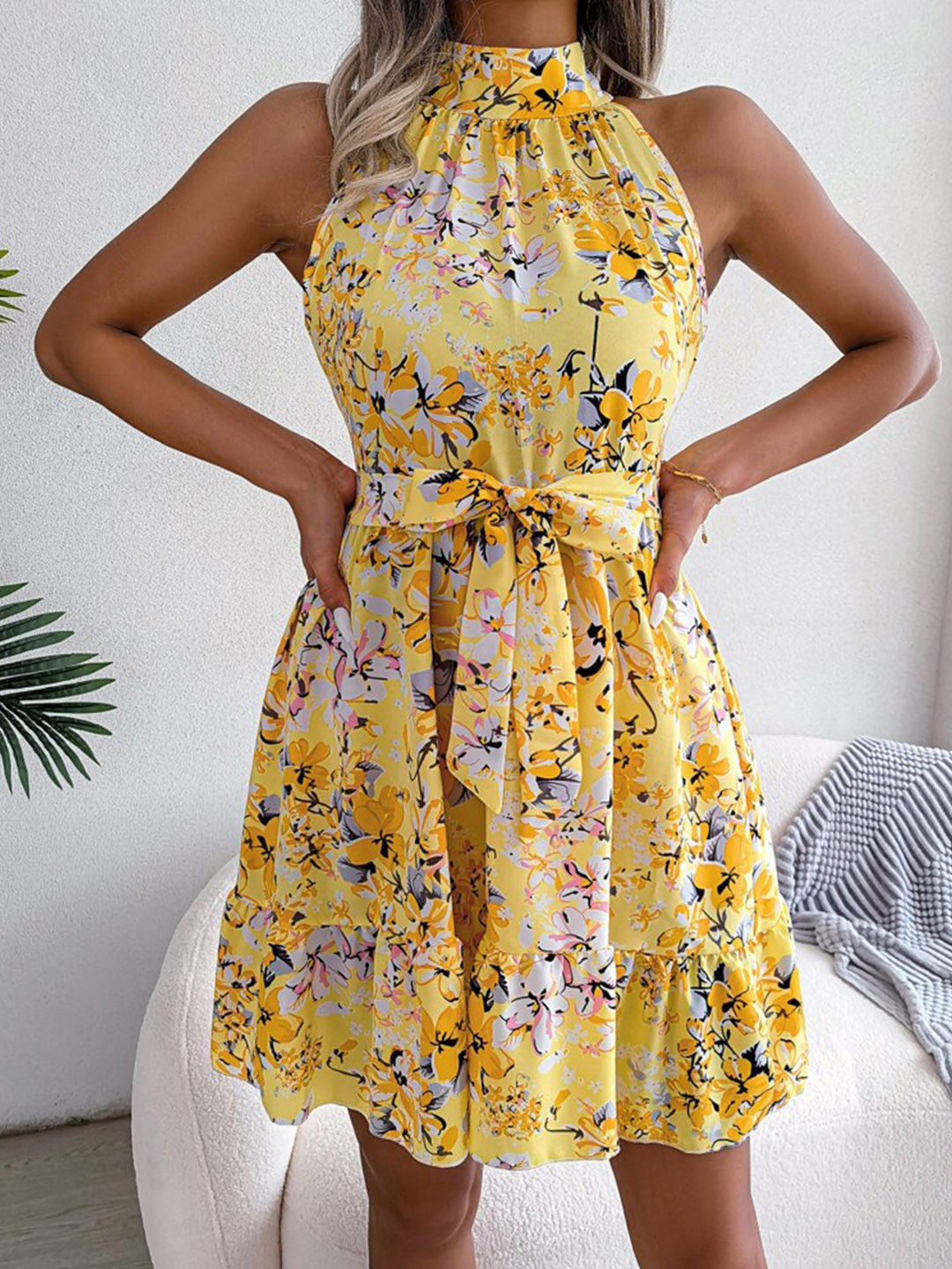 StyleCast Yellow Floral Printed High Neck Gathered Fit & Flare Dress