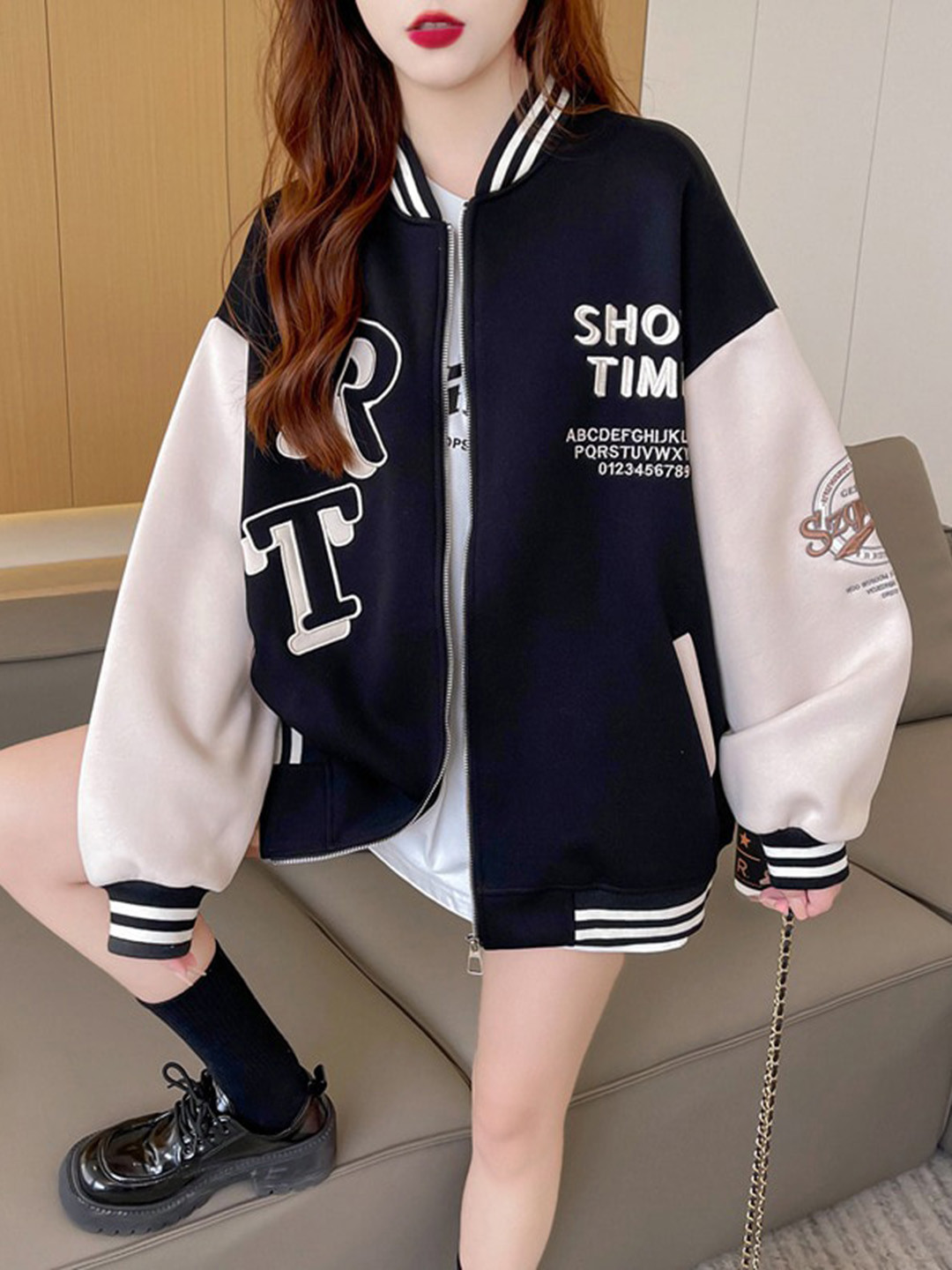 Navy & Beige Colourblocked Sporty Jacket with Stand Collar