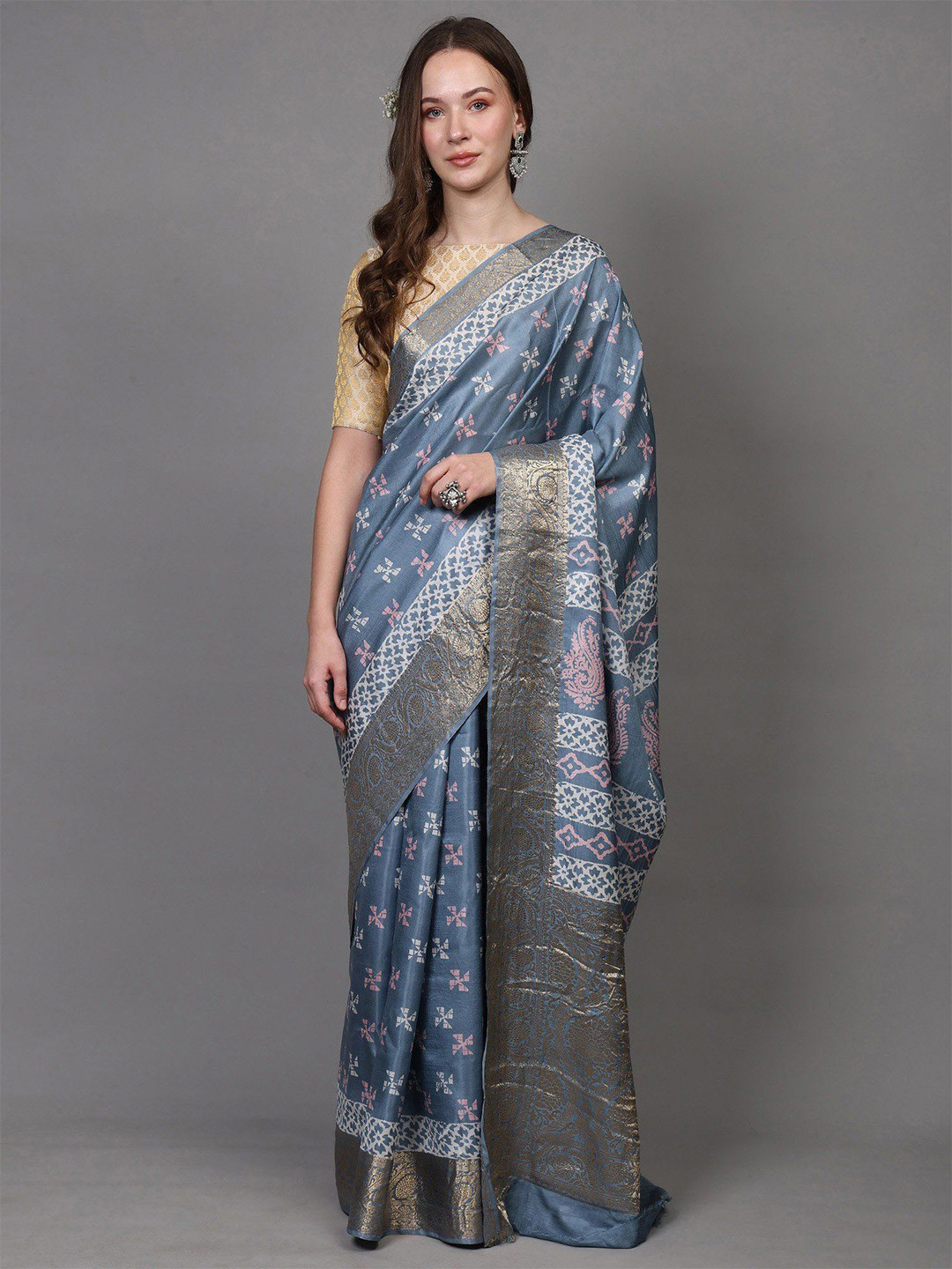 Exotic India Floral Vine Zari woven Saree with Printed Motifs from Madhya Pradesh