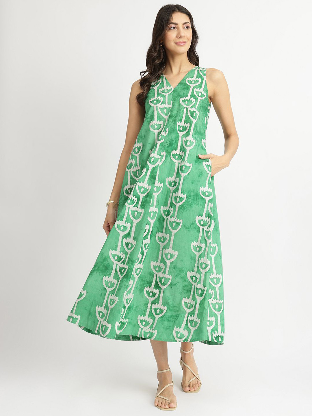 Pink Fort Green Cotton Handblock Abstract Print Dress