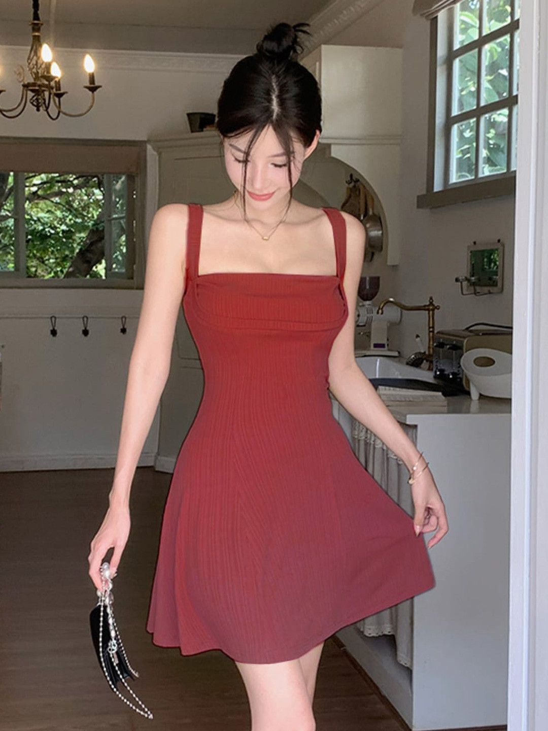 StyleCast Red Striped Shoulder Strapped Fit And Flare Dress