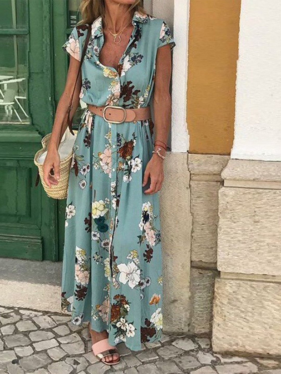StyleCast Blue & White Floral Printed Shirt Collar Maxi Dress