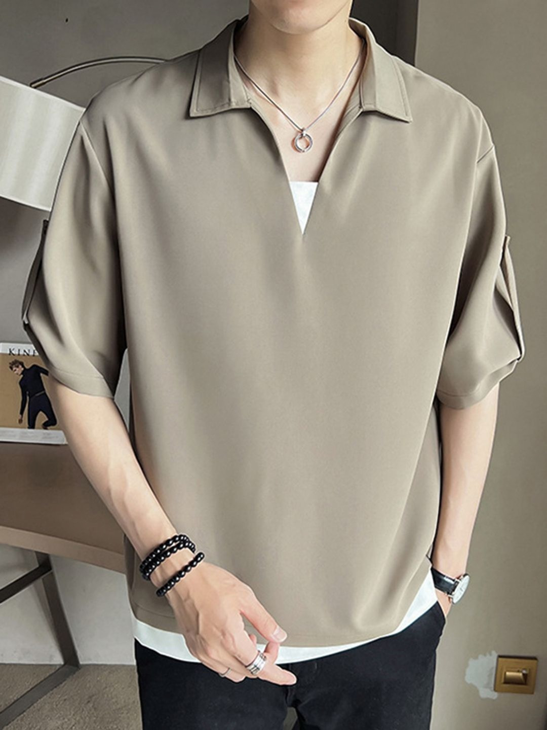 StyleCast Men Beige Polo Collar T-shirt with Roll-Up Sleeves