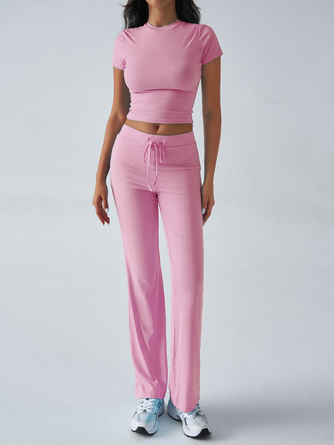 StyleCast Pink Round Neck Short Sleeves Crop Top With Trousers