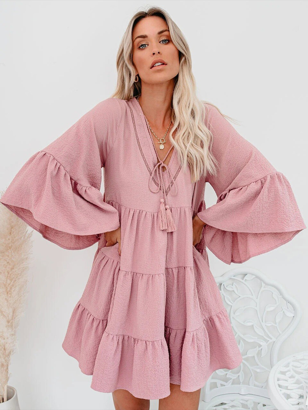 StyleCast Peach Coloured Bell Sleeve Chiffon Fit & Flare Dress