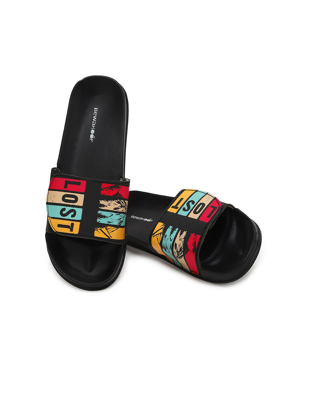 Bewakoof Men Black Lost Printed Velcro Sliders