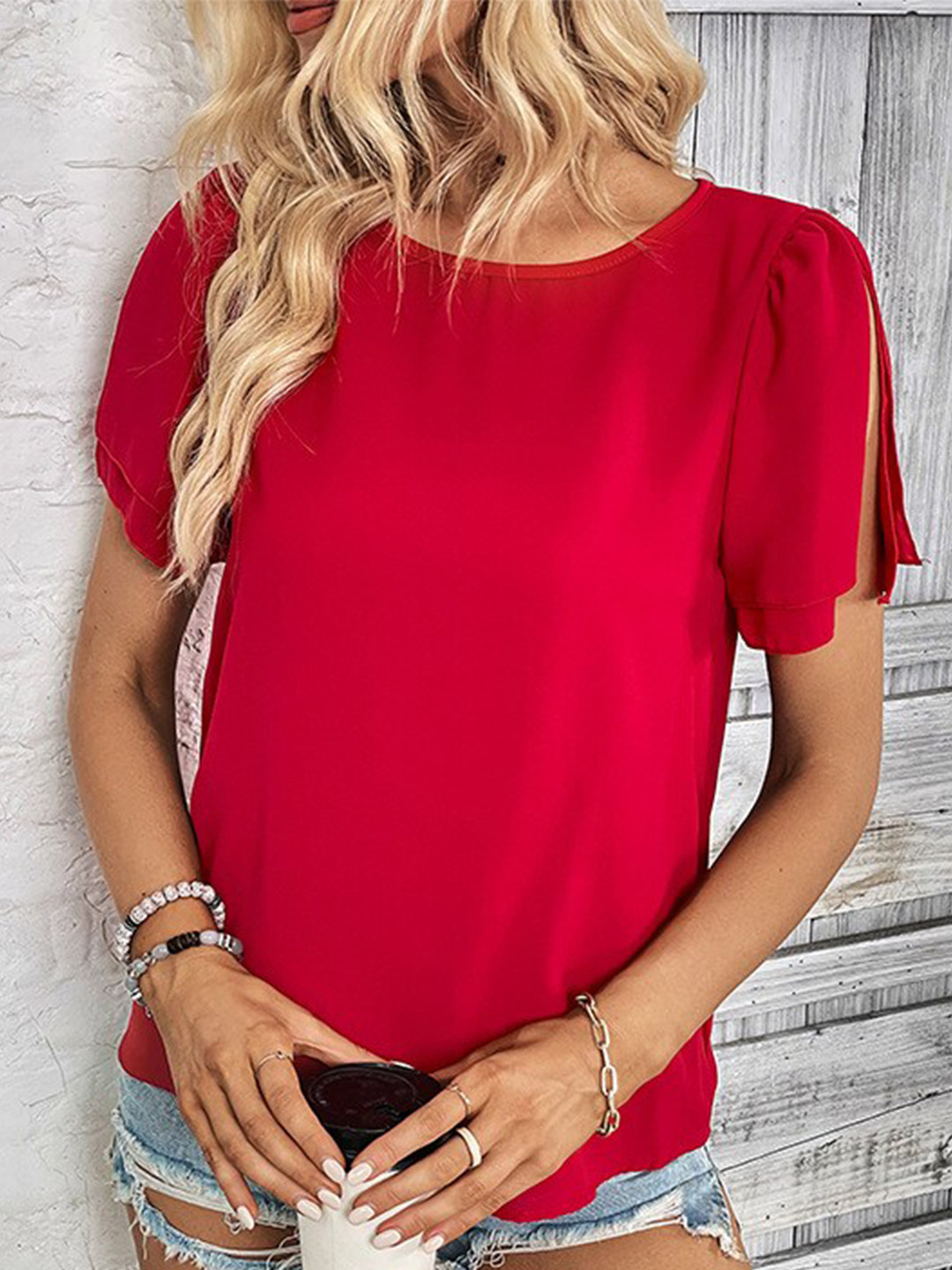 StyleCast Red Slit Sleeve Georgette Top