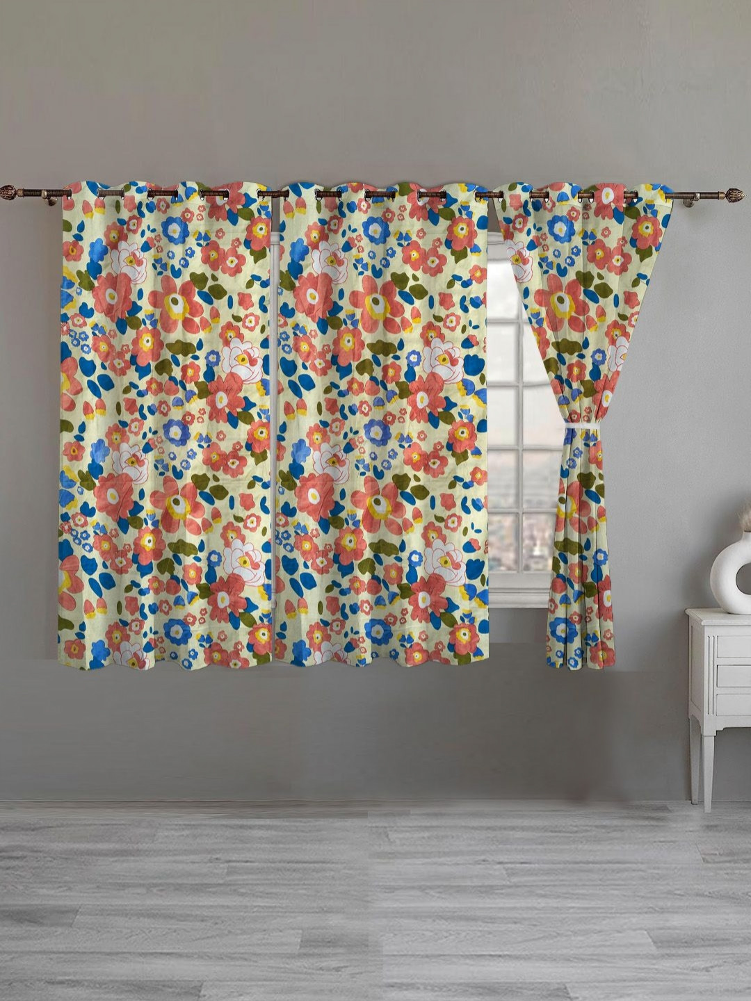 ANA Cream-Coloured & Pink 3 Pieces Floral Room Darkening Window Curtain
