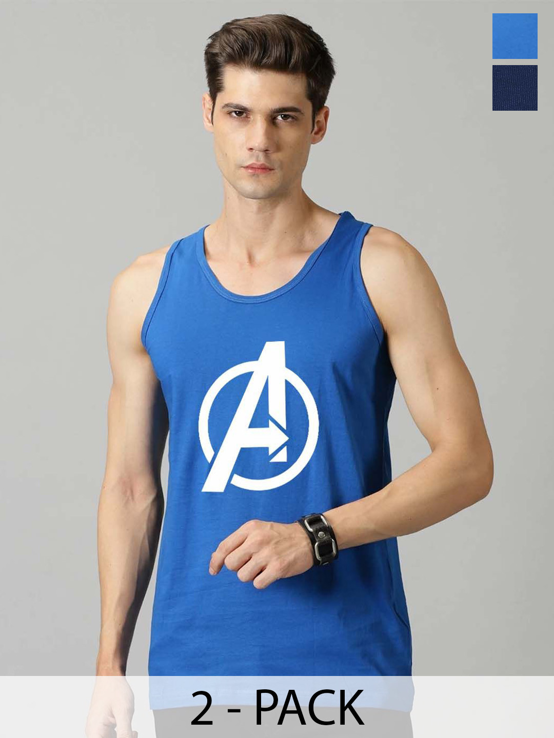 Organic Chics Pack Of 2 Printed Cotton Tank Vests Royal Avenger-NavyPanther _S