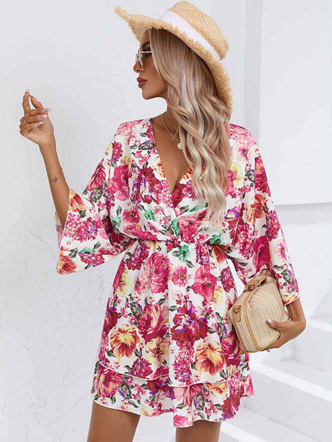 StyleCast Pink Floral Print Kimono Sleeve Layered Kaftan Dress