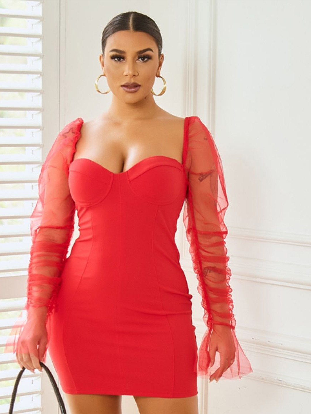 StyleCast Women Sweetheart Neck uff Sleeves Bodycon Dress