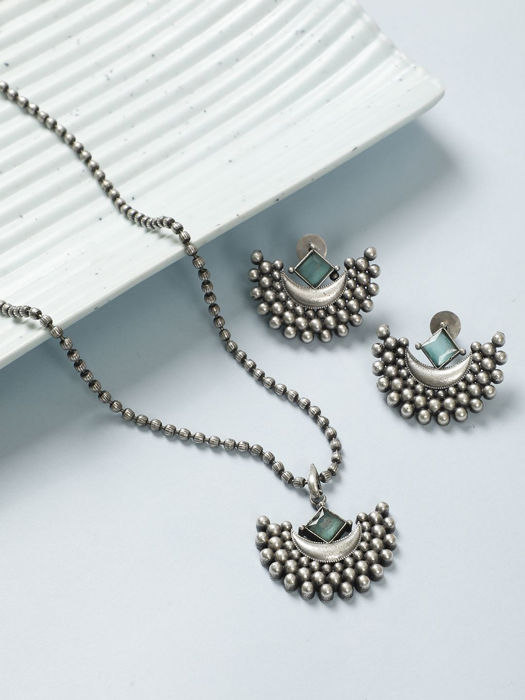 VIVAZS Oxidized Silver-Plated Stone Studded Moon Jewellery Set