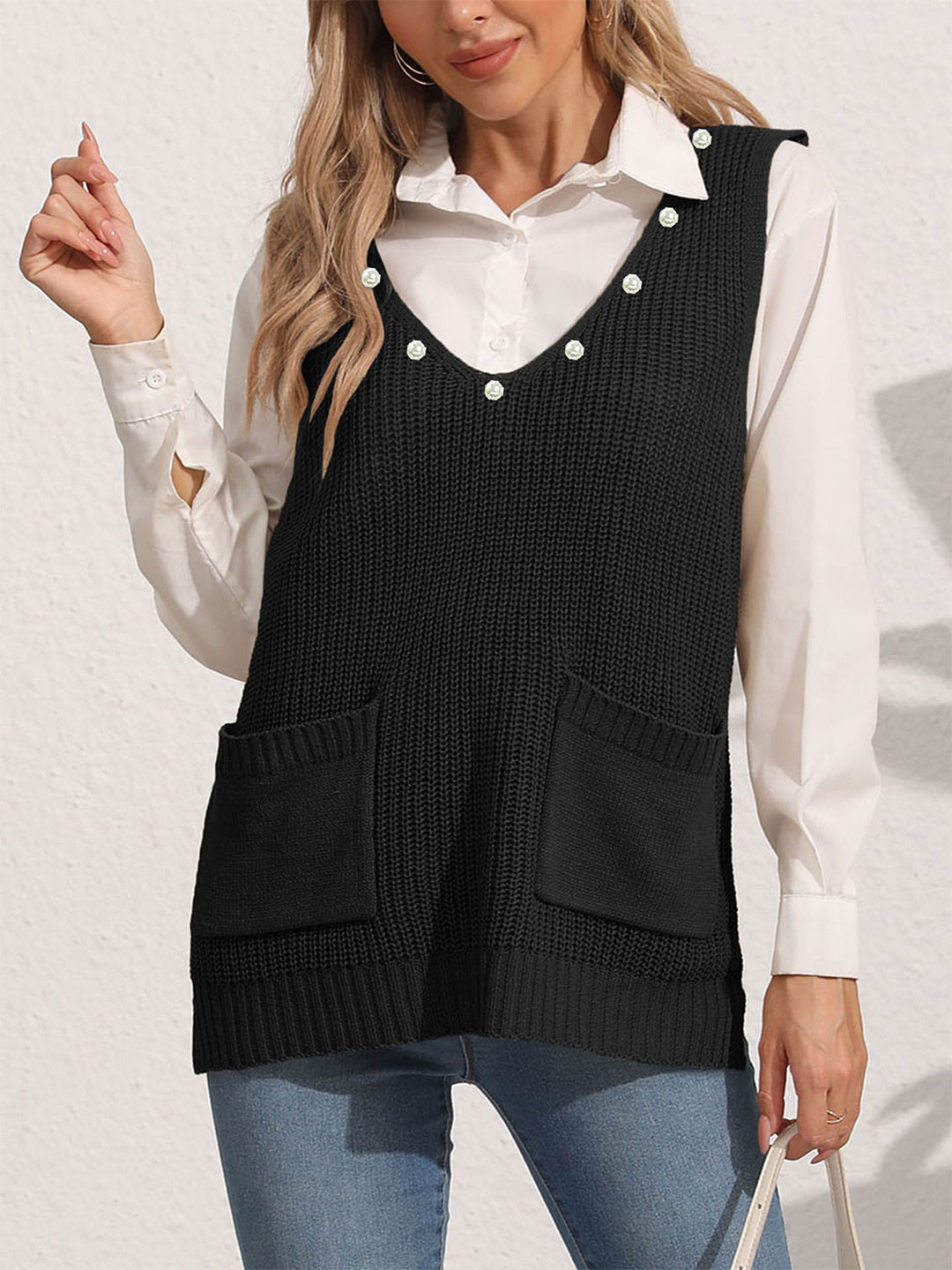 StyleCast Women Striped Sweater Vest with Embellished Detail