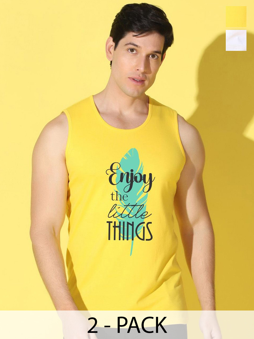 WOOSTRO 2-Pcs Odour-Free Combed Cotton Innerwear Vests VWS26(ENJOY YELLOW)(PLAIN WHITE)