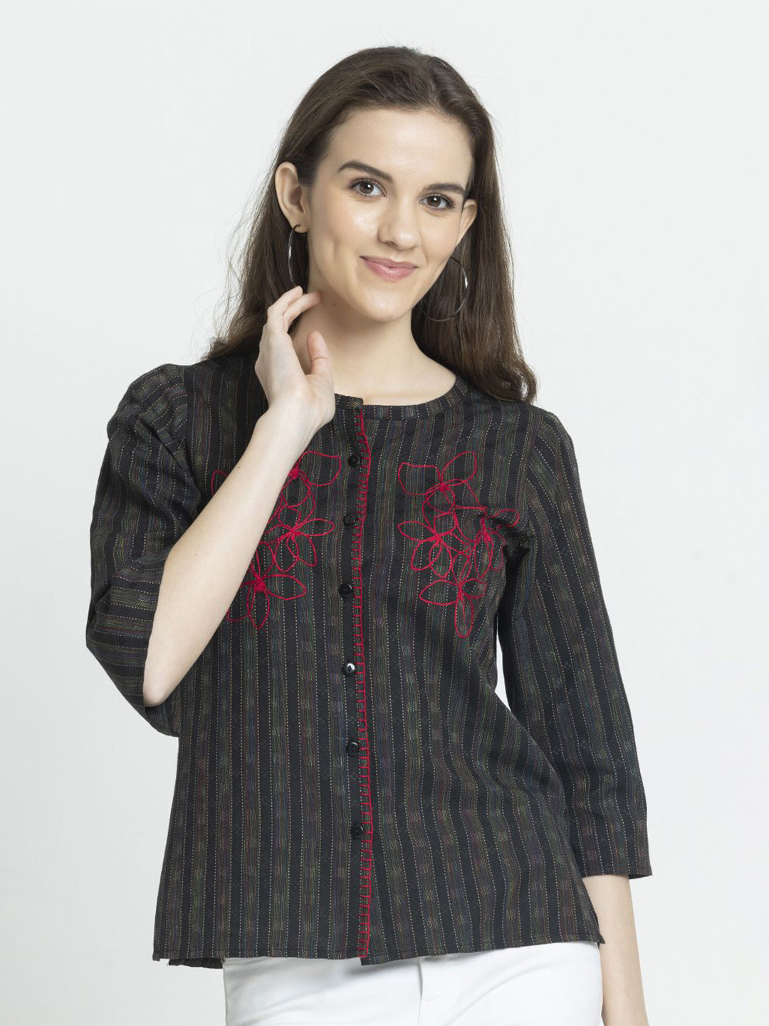 SHAYE Women Smart Fit Floral Self Design Band Collar Casual Shirt