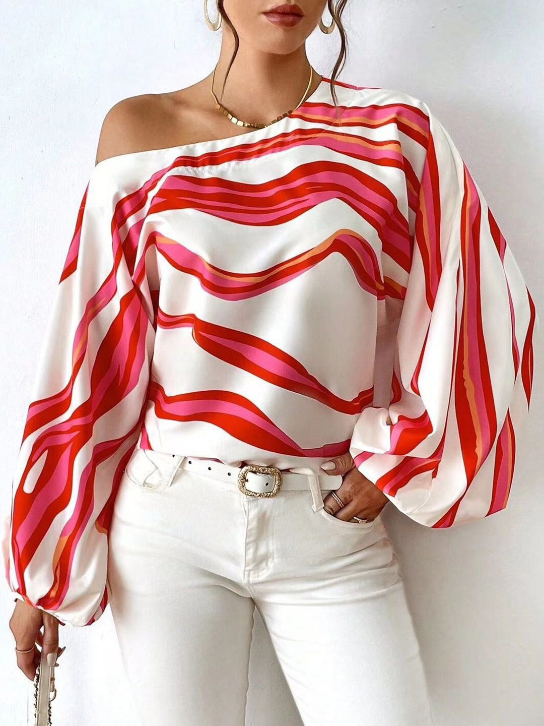StyleCast Abstract One Shoulder Slit Sleeve Top