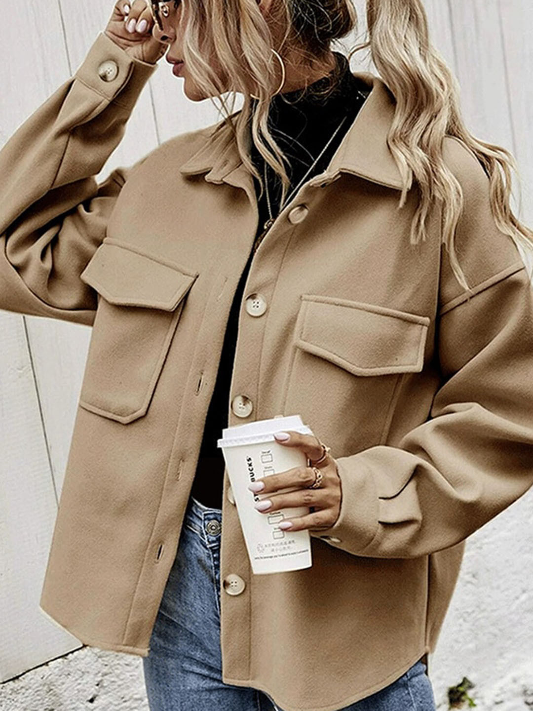 StyleCast Khaki Spread Collar Long Sleeves Shacket