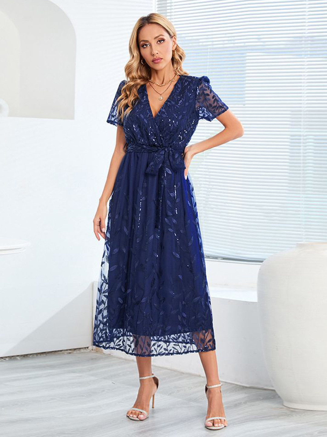 bebe Navy Blue Leaf Sequin Embellished Tulle Wrap V-Neck Fit & Flare Midi Dress