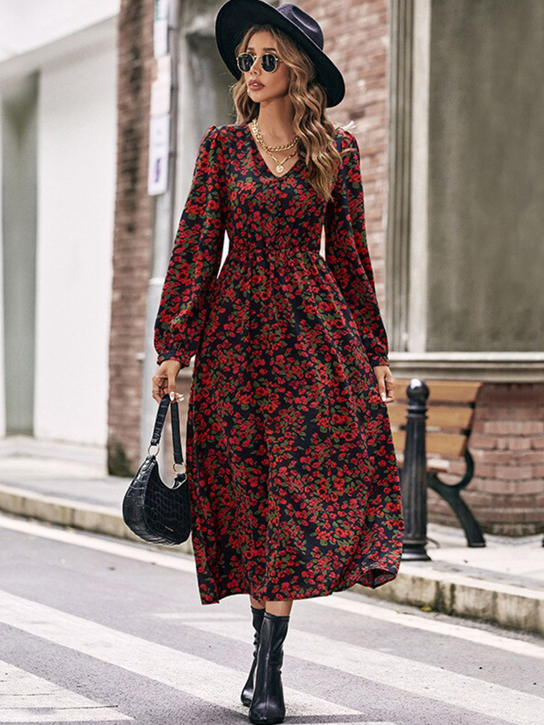 StyleCast Black & Pink Floral Print Puff Sleeve Maxi Dress