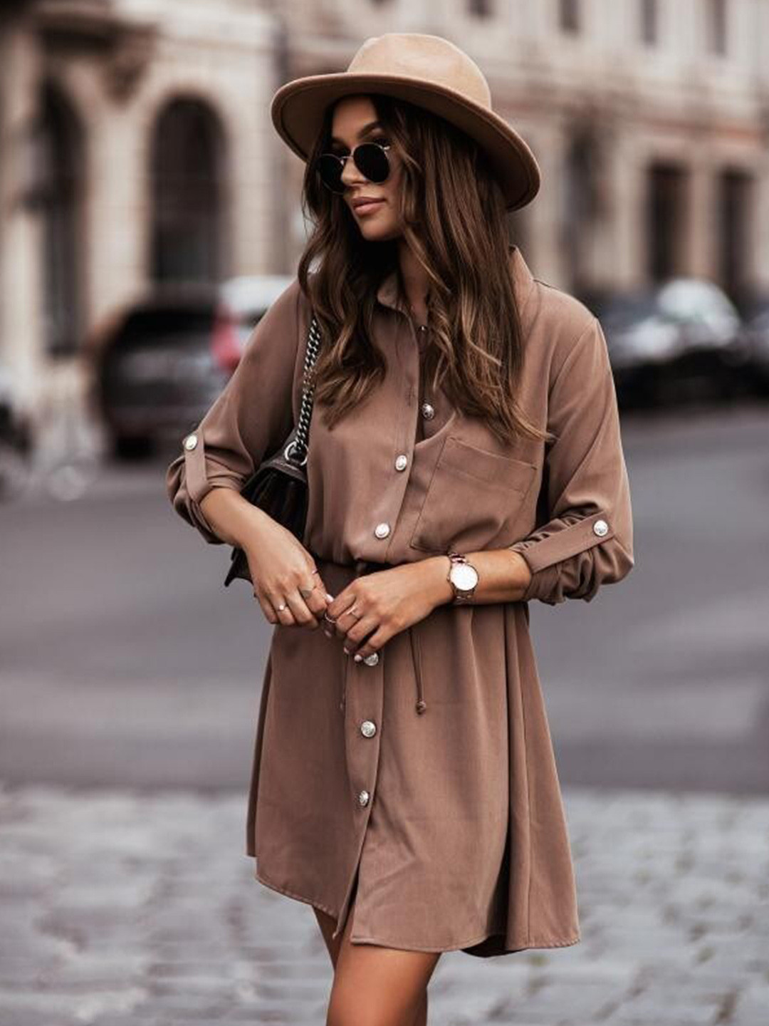StyleCast Brown Roll-Up Sleeves Shirt Dress