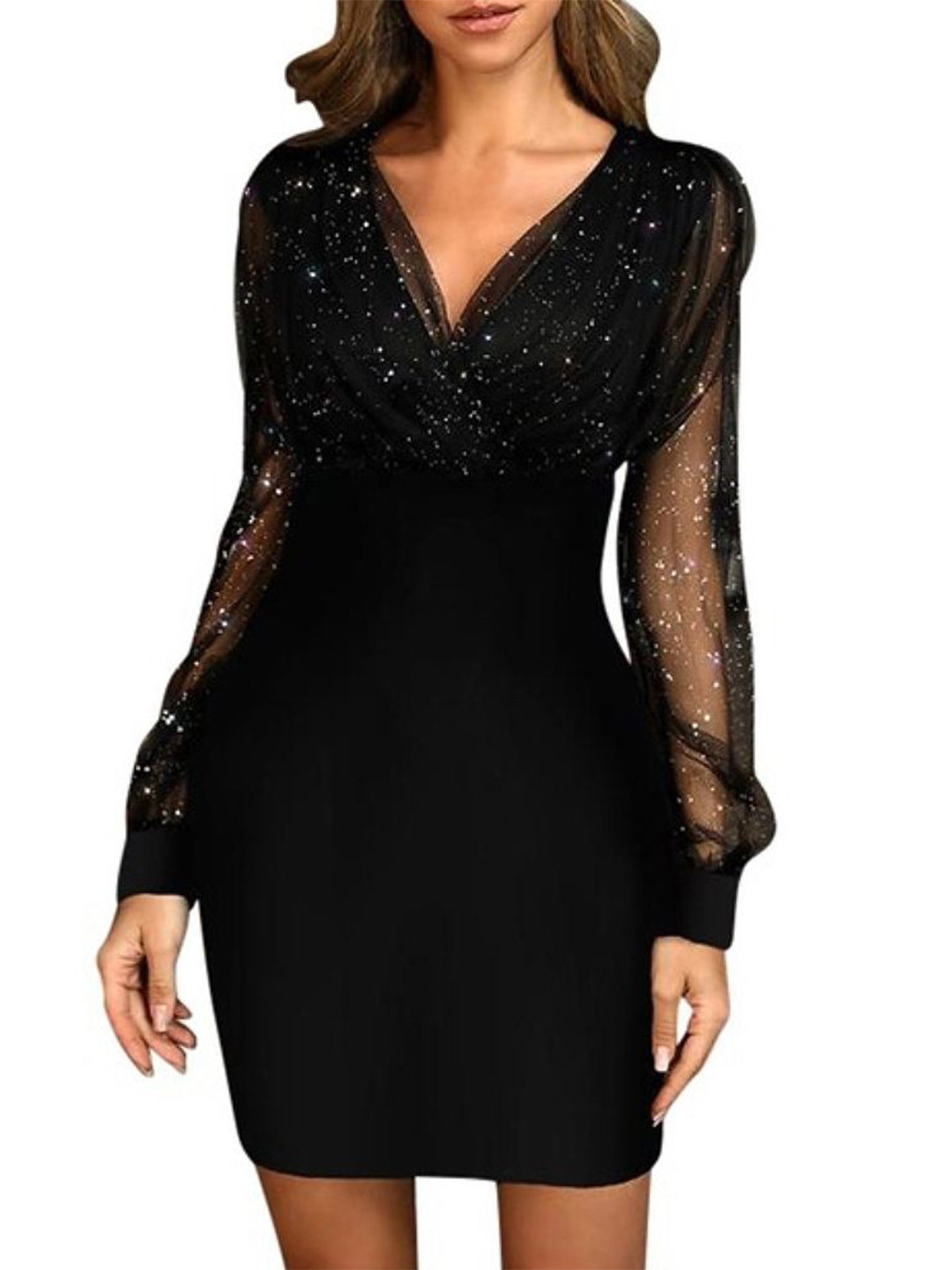 StyleCast Black Embellished Bodycon Dress with Bishop Sleeves