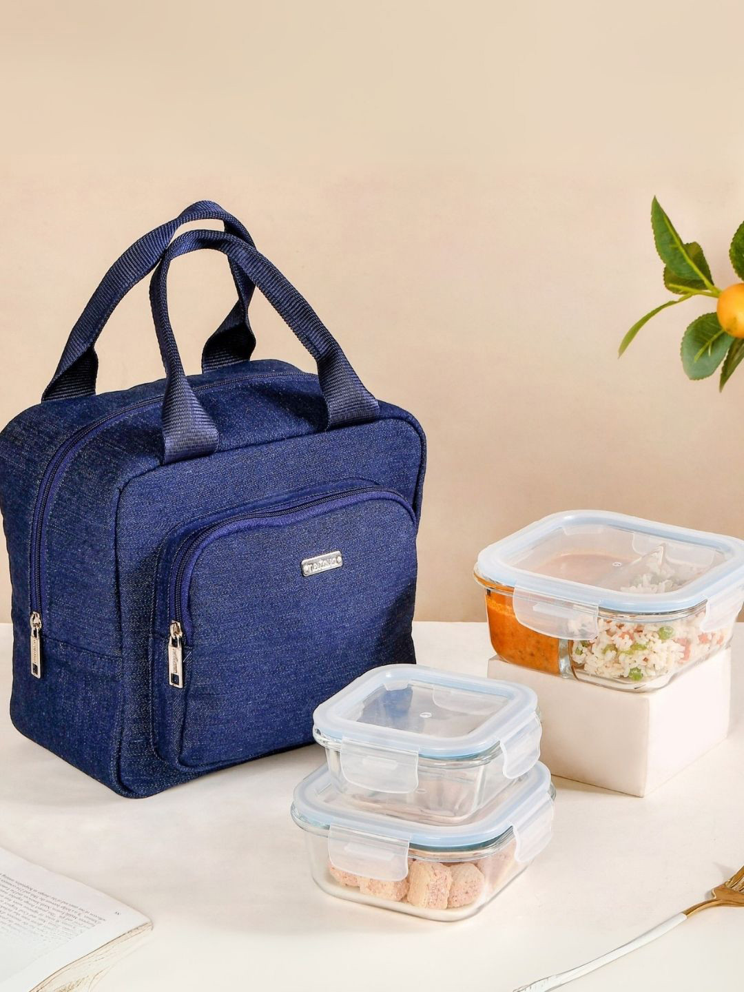 Nestasia Transparent & Blue 4 Pieces Glass Lunch Boxes With Lunch Bag-300 ml,500 ml,800ml