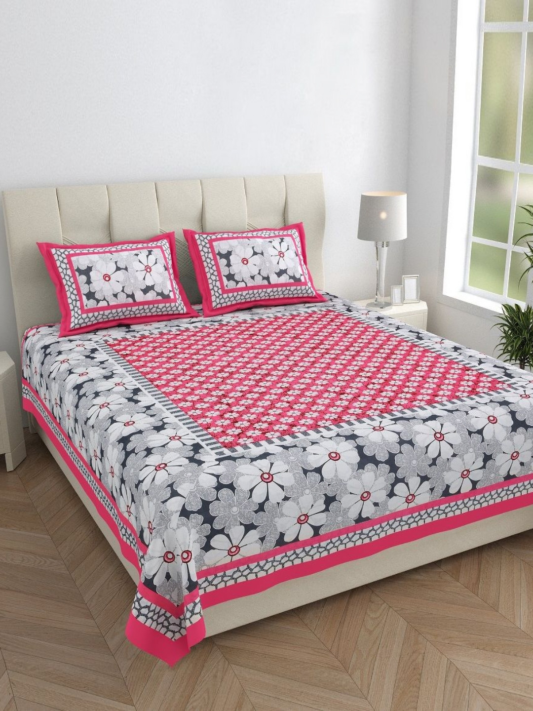 Monik Handicrafts Pilaphool Pink Floral Cotton 144 TC King Bedsheet with 2 Pillow Covers-90 x 103 inches