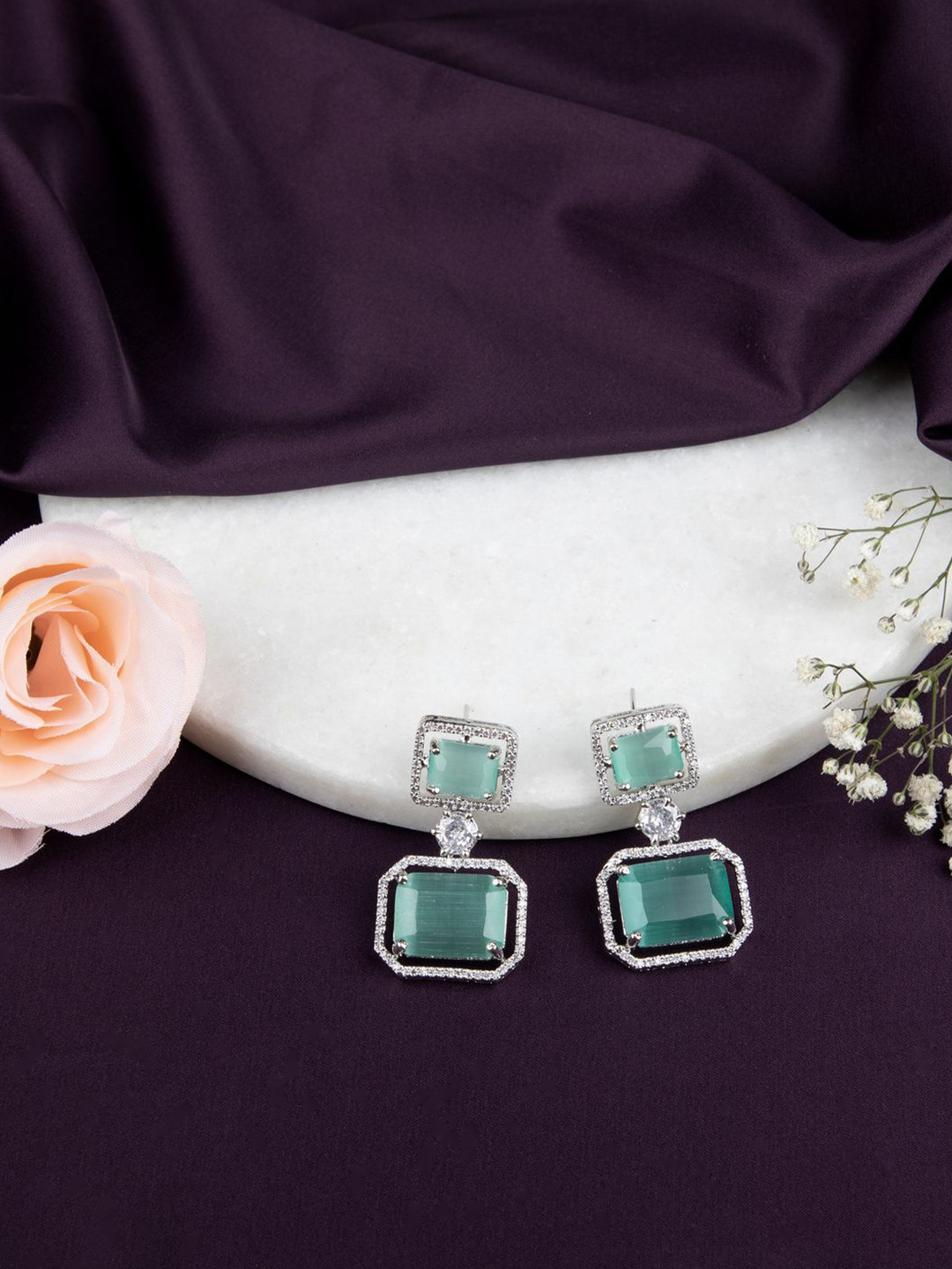 LA FILLE D'OR Silver-Plated Cubic Zirconia Studded Square Shaped Drop Earrings