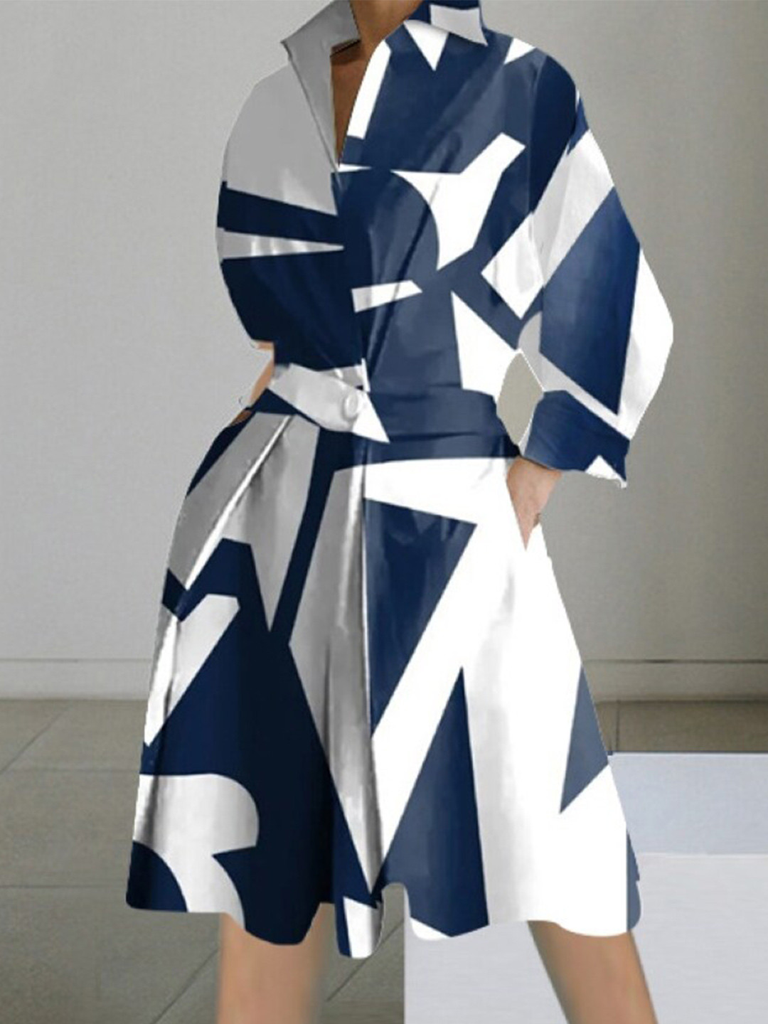 StyleCast White & Navy Blue Shirt Collar Print Fit & Flare Dress