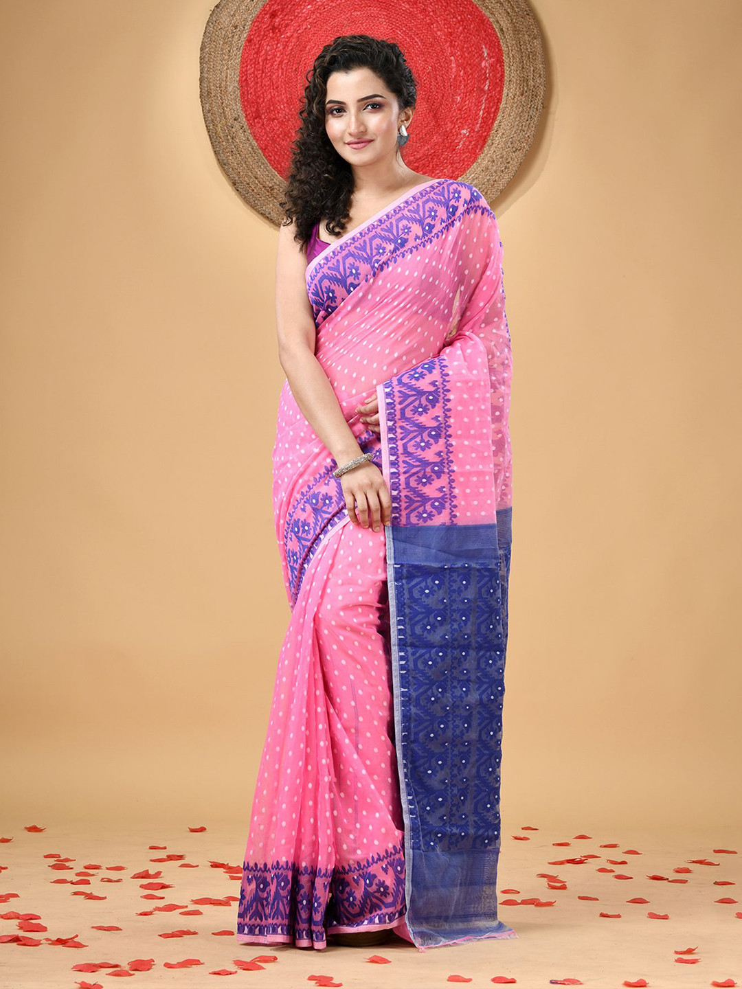 DESH BIDESH Women Polka Dots Woven Design Embroidered Jamdani Saree