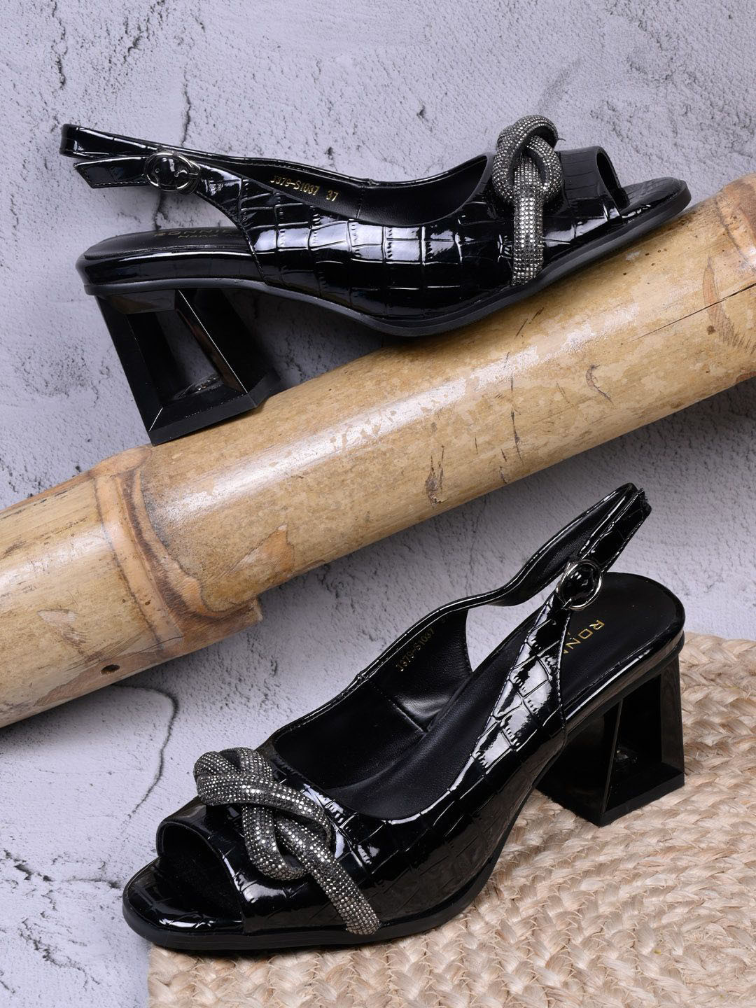 Ronnie Grey Textured Embellished Block Heel Sandals