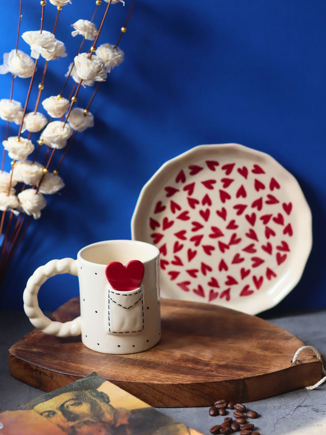 WEAVING HOMES Red & White 2 Pieces Printed Ceramic Glossy Mug & All Heart Plate