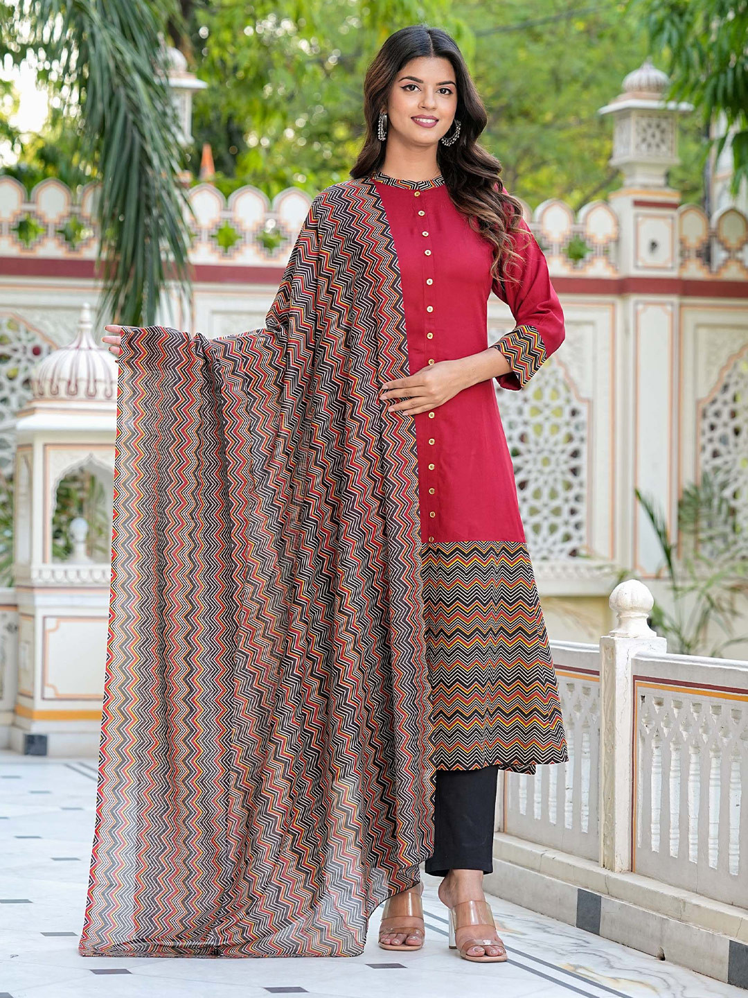 IKRASS Plus Size Chevron Printed Mandarin Collar Cotton Cambric A-Line Kurta With Dupatta