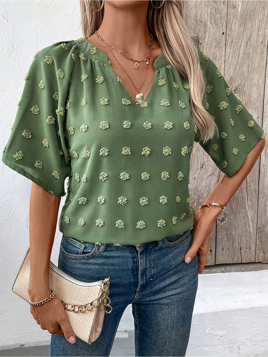 Green V-neck Short Sleeve Solid Top