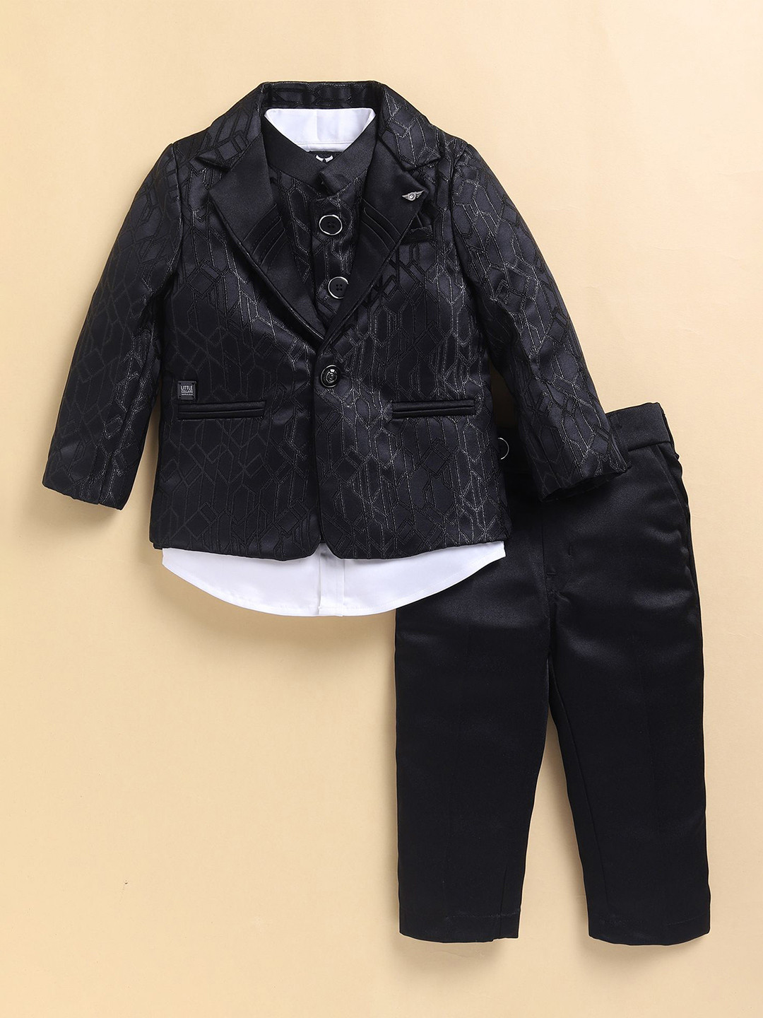 LITTLE COLLARS Boys Self Design Notched Lapel Collar 4 Piece Suit