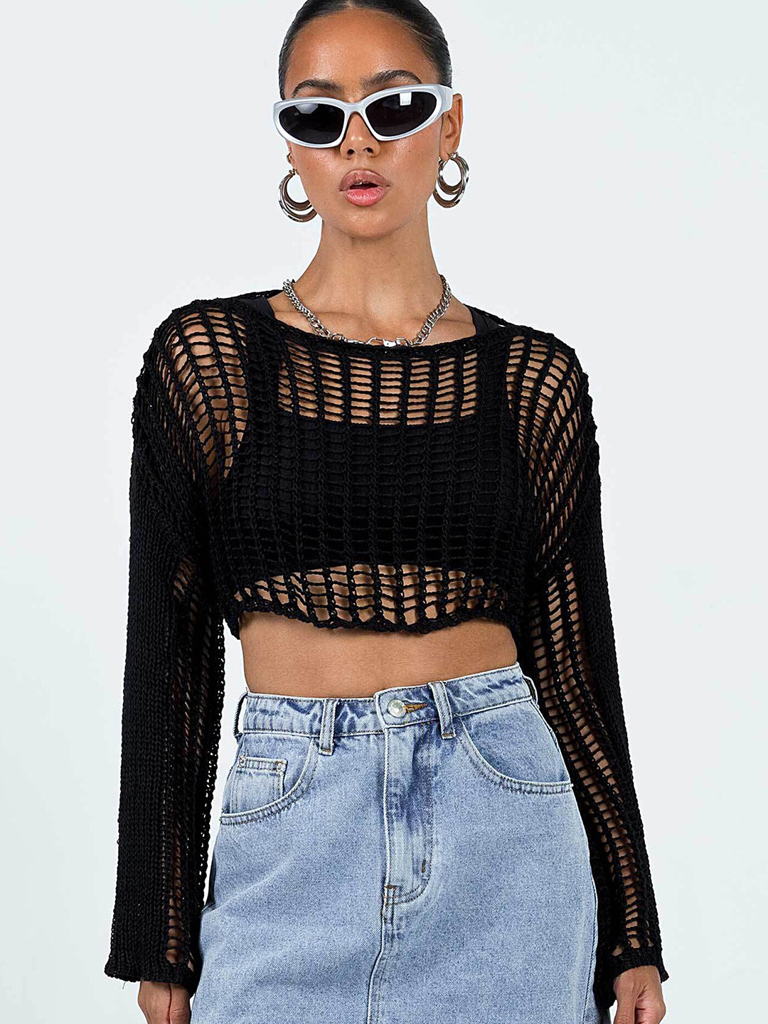 LULU & SKY Black Knitted Crop Top with Long Sleeves