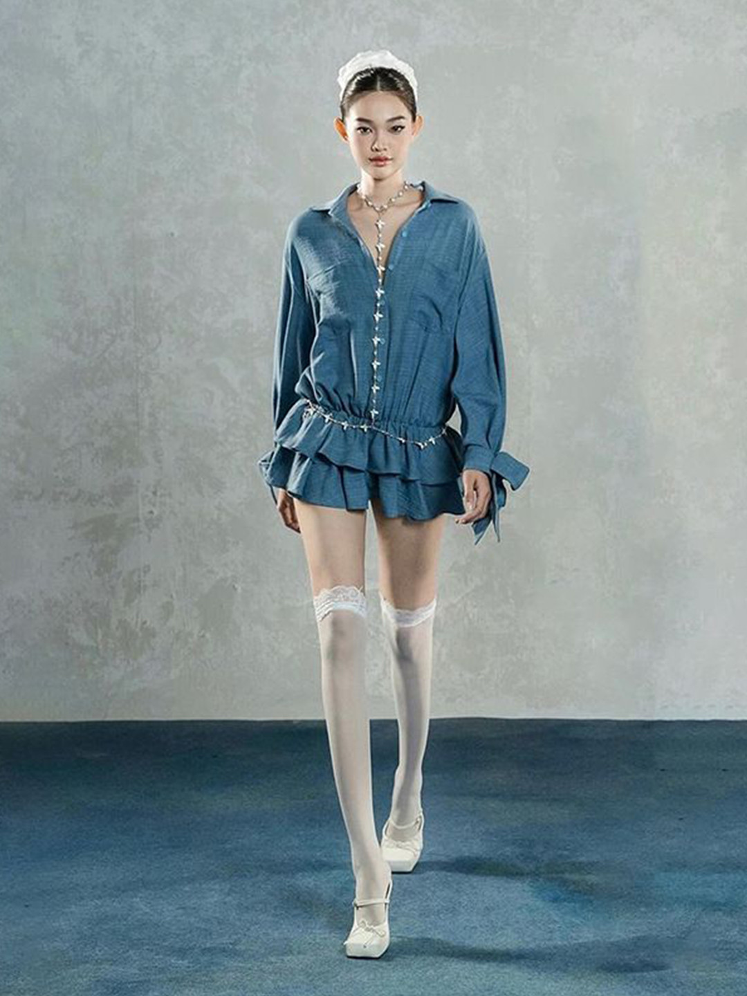 StyleCast Shirt Collar Cuffed Sleeves Layered Flounce Hem Shirt Dress